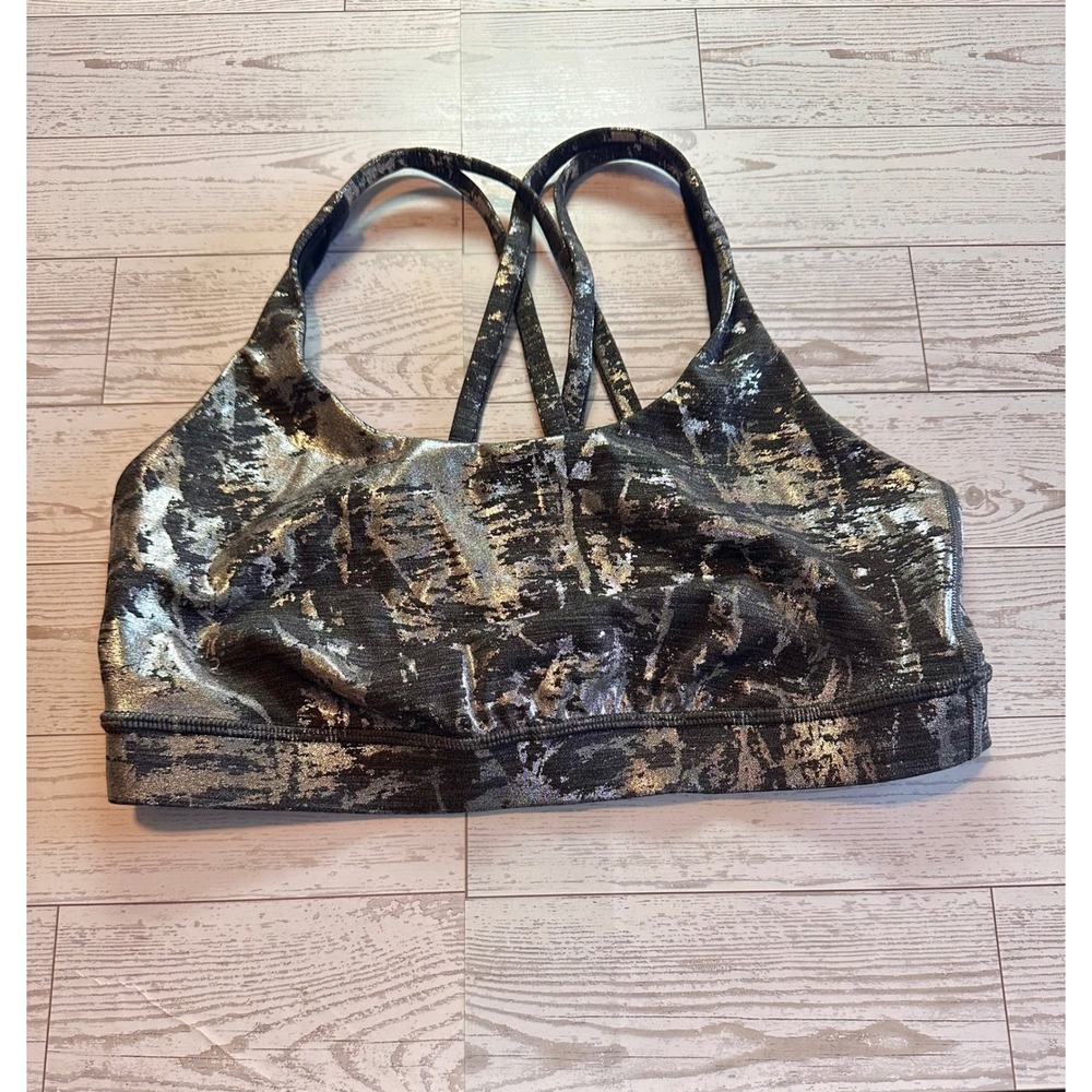 Lululemon Energy Bra Women 8 Silver Black Excellent Metallic Foil Strappy Back